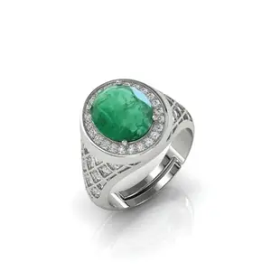 BALATANK Natural Panna Stone SILVER plated Emerald Adjustable Panna Ring (Green, 6.00 Ratti) For Men's/Women's