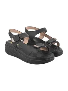 Shoetopia Women’s Comfort Black Sandals | Lightweight Orthopedic Wedge Sandals with Adjustable Straps & Cushioned Sole for Casual Daily Footwear EU42