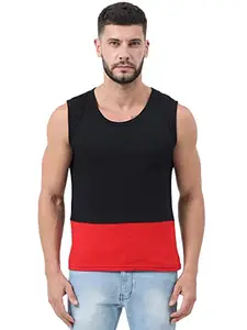 FLEXIMAA Men's Cotton Round Neck Color Block Sleeveless BlackRed Color T-Shirt XXL Size