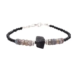 LKBEADS Labradorite & Tourmaline bracelet with Silver clasp - 3-8mm tumble & rondelle beads- Faceted Cut -7 Inch Adjustable Bracelet– Healing, Fashion, Gift, Spiritual, Yoga|LK_STACK_08007