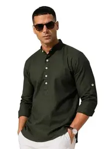 Majestic Man Men's Pure Cotton Solid Mandarin Collar Slim Fit Roll-Up Sleeves Short Kurta Lightweight Summer Kurta for Daily & Occasion Use