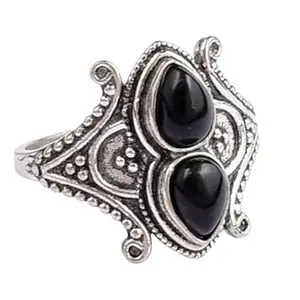 Metal Alloy Rhodium Polished Pear Shape Black Onyx Gemstone Handmade Birthstone Ring Indian Size 16 RGS-1428