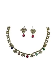Jewellery Bazaar Multicolour American Diamond Kundan Gold Plated Necklace Earring Set Women Bridal