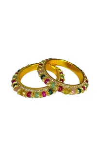 NY LIFESTYLES Golden Brass Bangle with Studded Multicolor Beads for Women and Girl's (2.10)