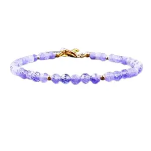 RRJEWELZ Tanzanite Round Beaded Bracelet – Faceted 3.5mm Blue Stones with Gold Lock – 7 Inch Adjustable link Bracelet for Men & Women|LCBR_RR_06373
