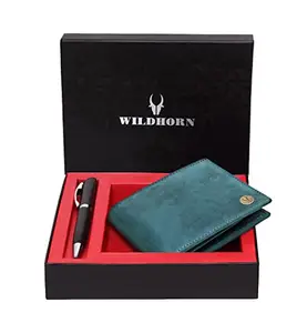 WildHorn ® RFID Protected Blue Genuine Leather Men's Wallet and Pen Combo