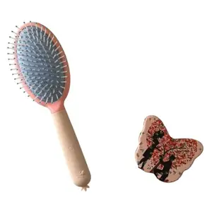 Oval Pink Hairbrush with Butterfly Shape Compact Mirror Unique Gift Combo for Makeup and Hair Styling