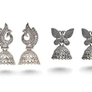 House Of Fashion - Oxidised Jhumkas Jhumki Earrings - Pack of 2 Pair , Butterfly and Peacock Design Set Earrings for Women, Girls, Ladies for Wedding, Party, Festival and Traditional Earring (Silver_2X2.5 cm)