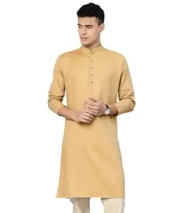 Majestic Man Men's Cotton Blend Textured Solid Mandarin Collar Classic Ethnic Long Kurta