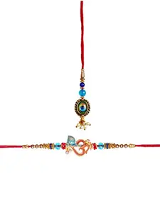 AMIGO GIFTZ Beautiful Om Bansuri Rakhi & Mor Pankh Chuda Lumbi Rakhi For Bhaiya Bhabhi With Box & Cute Small Roli Chawal Glass Bottle