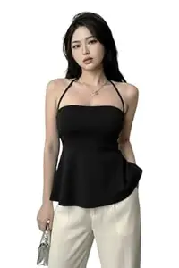 TIVANTE Women's Halter Neck Peplum Top, Sleeveless Backless Fitted Top