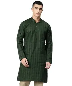 Majestic Man Men's Pure Cotton Textured Check Mandarin Collar Long Kurta