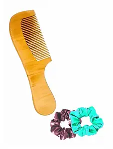 BigBro Natural Wooden Comb Fine Teeth with Handle for Women and Men | Organic Antibacterial Hair Dandruff Remover Styling Comb| Handcrafted (Pack of 1 Comb + 2 Velvet Hair Scrunchies)