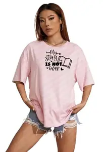 MAJESTIC FASHION Women's Cotton Blend Textured Printed Half Sleeve Round Neck Oversized Drop Shoulder T-Shirt (Pink-S)