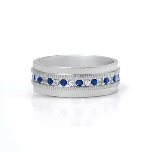 SWASHAA Nero Azure Men's Band Stainless Steel | Silver-Tone Ring with Alternating Blue & White CZ | Dual-Grooved Edge Design | Anti-Tarnish & Skin-Safe | Ideal for Weddings, (10)