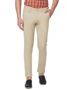 Giordano Mens Solid Cotton Mid Rise Button Closure Regular Length 5 Pockets Regular Fit Chinos Beige