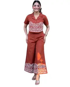 Prarthana enterprises Women's Cotton Embroidered Crop top Co-Ord Set Coordinate Set Summer Wear Printed Crop Top with Pant Set (Orange-XL)