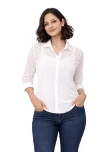 Vibestyl Women’s Solid White Sheer Shirt Net Top | 3/4 Sleeves Collared Neck Front Button Stylish Semi-Transparent Casual Shirt
