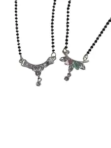 Traditional Mangalsutra Necklace with Crystal Pendant, Black Beaded Chain, Silver-Mint Stones, Pack Of 2
