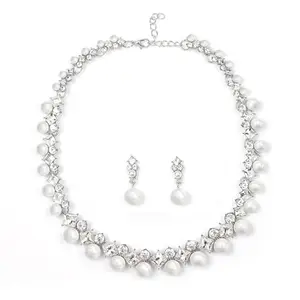 Peora Silver Plated Crystal & Pearl Studded Necklace and Drop Earring Jewellery Set Gift for Women