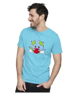 ALLEN BLACK Men's & Women's Regular Fit T-Shirt Cute Earth Hugging Heart 100% Cotton Unise T-Shirt Sky Blue_HUGEARTH01-Sky Blue 4XL Men Round_