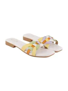 Shoetopia Women’s White Flat Sandals – Colorful Braided Strap, Square Toe Slip-On Casual comfortable Summer Flats EU39