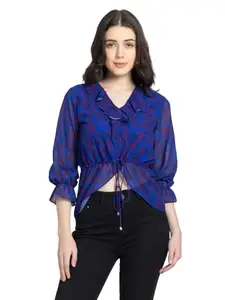 SHAYE Purple Casual 3/4th Sleeves V-Neck Printed Top for Women