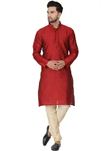 Amazon Brand - Anarva Men's Jacquard Silk Embroidered Kurta Pyjama Set Paisley Thread Work Festive Party Dress (KP023red_Red_XL)
