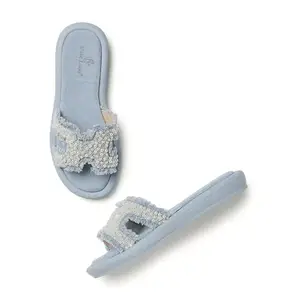 Marc Loire Women Embellished Denim Casual Flats | Slip-On Open Toe Chappals | Indian Smart Sandals with Comfortable Sole (Teal Blue, UK Footwear Size System, Adult, Women, Numeric, Medium, 6)