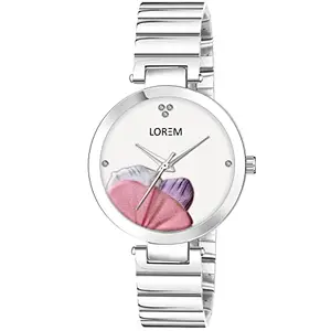 LOREM Flower Design White Designer Dial Silver Metal Strap Round Analoge Watch for Women- FZ-LR314