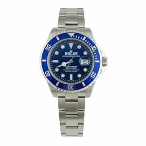 ROLXE Submariner Oyster Perpetual Date Watch, Blue Dial, Rotating Bezel, Stainless Steel Bracelet
