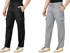 RIKSAW Men's Cargo Polyester Pants for Men || Regular Fit Mid Rise Cargo Joggers Solid Pants (Pack of 2) (CG_05 Combo)