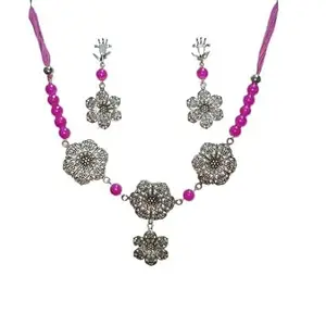 BIC Silver Oxidised Floral Handmade Choker Necklace & Earring Set For Women