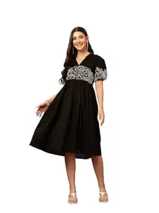 Stylum Women's Black Solid Cotton Flared Dress