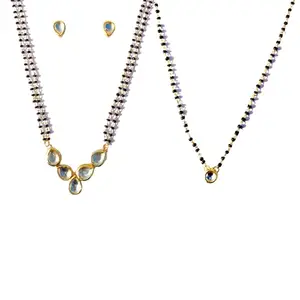 JEWEL WORK Kundan Pendant Mangalsutra for Women with Meenakari Design Black Ball Beads with Chain Two Mangalsutra Combo Set (MGCB56A)