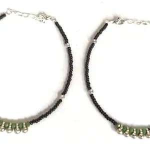Silver Ghungroo Beaded Anklet with Green Crystal, Traditional Indian Design, Pack of 2, Black