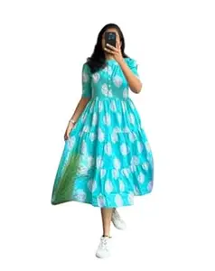 Women's Tiered Maxi Dress, Turquoise Blue with White Print, Half Sleeves, Fit and Flare Style