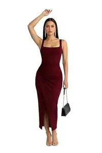 DESI RIWAAZ Women’s Slim Fit Solid Black Bodycon Square Neck Midi Dress, Sleeveless Stretch Fabric with Side Split for Cocktail, Dinner, Club & Evening Use