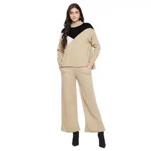 Cantabil Colorblocked Beige Round Neck Full Sleeves Regular Fit Women Casual Co-ord Set | Casual Winter Co-ord Set for Women | Ladies Co-ord Set for Winter Wear (LCOR00004_Beige_L)