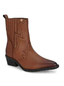 EL PASO Women Tan Faux Leather Casual Slip On Cowboy Boots-3