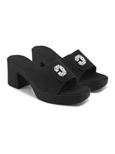 SELFIEE Women's Elegant Stylish Broad Strap with Crystal Stone Embellished Slip-on Party Chunky Block Heel Sandals