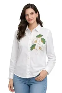 HiloRill Women’s White Cotton Embroidered Shirt | Formal Office Wear Button Down Shirt for Women | Premium Silk Thread Embroidery Workwear Top Full Sleeve