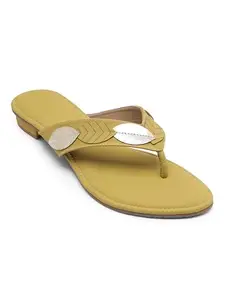 V-WALK Thong-Strap Casual Flat Sandals for Women | Padded Footbed | College, Work, Smart-Casuals, Shopping, Outdoor Sandals for Women | Lemon