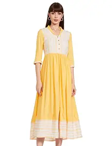 Aurelia Women's Cotton Yellow Shawl Collar Flared Kurta Below The Knee Dress (20AUA11531-701456 S)