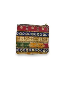 Raang Desi Square Ikkat Print Fabric Pouches - Square Shaped, One Zipper, Ideal for Coin and Jewelry Storage, Environment Friendly, Simple and Portable Design
