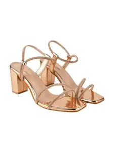 Shoetopia Embellished Rhinestones Strap Rose-Gold Heels For Women & Girls /UK6