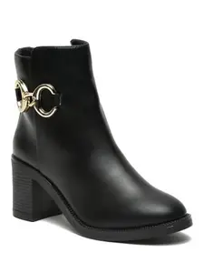 Bruno Manetti Women's Black Slipon Side Zipper With side Golden Buckle Ankle Length Comfort Mid Top Heel Boots