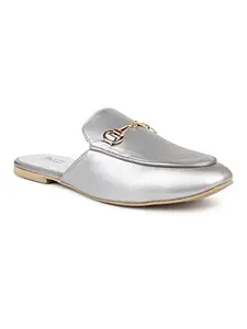 Inc.5 Women Silver Embellished Mules with Buckles Flats