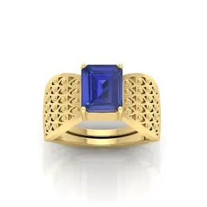 RRVGEM Certified Unheated Untreatet 14.25 Ratti 14.00 Carat Blue Sapphire ring gold Plated Ring Adjustable Ring Size 16-22 for Men and Women