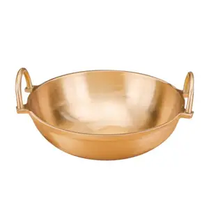 Artarium Pure Brass Kadai with Handle Pital Heavy Weight Kadhai with Smooth Handmade Edges Non Toxic Gas Induction Resistant for Cooking Handcrafted Brass Utensils for Kitchen (27x29x13 CM)